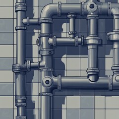 Industrial pipes interconnected on a tiled wall, showcasing a sleek, metallic design.