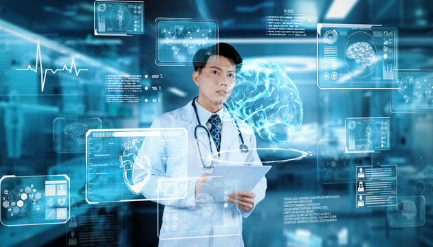 Doctor holding medical report while standing at laboratory and looking at medical data hologram. Smart doctor checking and inspecting human organ hologram while checking record. AI tech. Ingenuity.