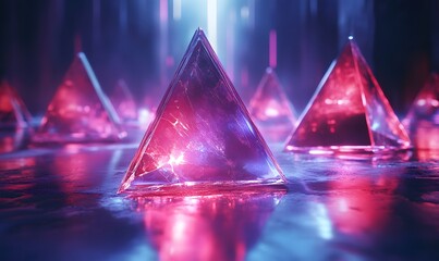 A captivating array of translucent pyramids illuminated in vibrant pink and blue hues