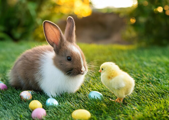 Easter bunny and chick playing with eggs