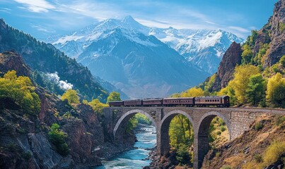 Train crossing mountain river bridge, autumn landscape, travel poster