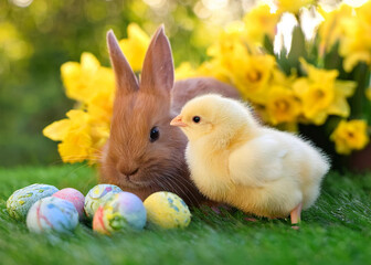 Easter bunny and chick playing with eggs