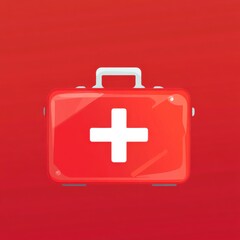 Obraz premium A vibrant red first aid kit icon with a white cross symbol centered on it.