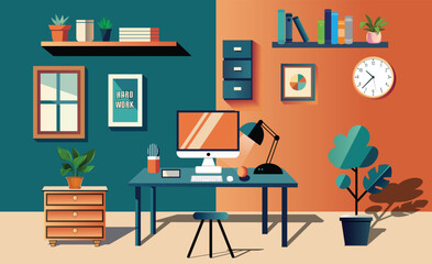 Cozy modern work from home office workspace with computer desk with elegant decorations