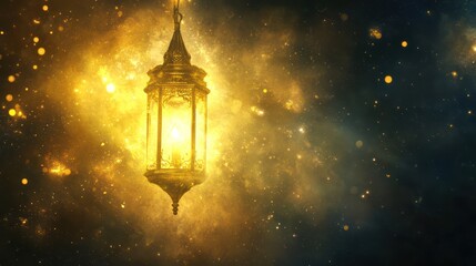A glowing golden lantern suspended in a starlit abstract background