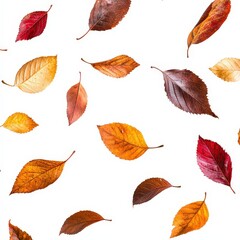 Obraz premium Autumn Leaves Pattern: Colorful leaves scattered on a white background, symbolizing seasonal change. Ideal for fall themes, nature, and autumnal designs.