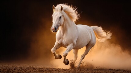 A stunning white horse gallops majestically through a dusty landscape, embodying strength, freedom, and the beauty of nature in a dramatic and powerful moment captured in time.