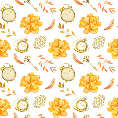 tulips yellow and pocket watch, delicate branches and alarm clock. Vintage style. Seamless pattern. Hand painted with watercolors. For interior decoration, postcards or cosmetics, Provencal wallpaper