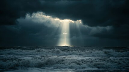 Obraz premium Illuminated Cross Over Sea Under Cloudy Sky