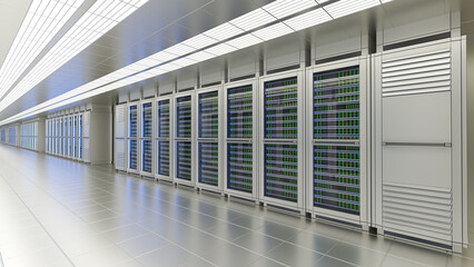 Data center server room interior. 3d illustration