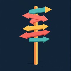 A colorful directional signpost with arrows pointing in various directions, set against a dark background.
