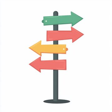 Naklejki Colorful signpost with green, yellow, orange, and red arrows pointing in different directions.