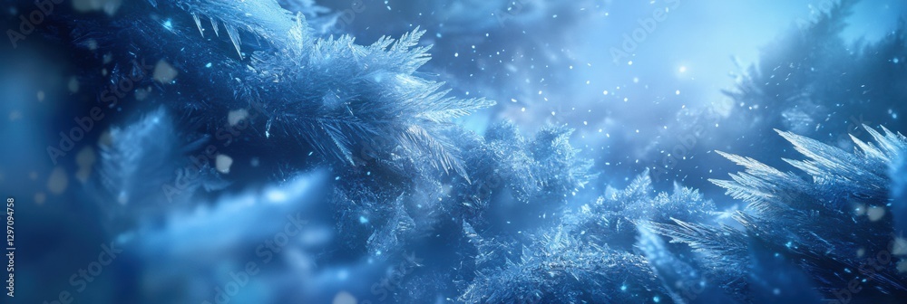 Poster chilling frost formations covering branches in winter wonderland at twilight with a serene blue glow