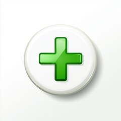 Fototapeta premium A glossy green plus symbol on a white circular background, conveying positivity and health.
