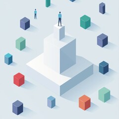 Obraz premium A minimalistic digital illustration of success, featuring a figure atop a pyramid surrounded by colorful cubes.