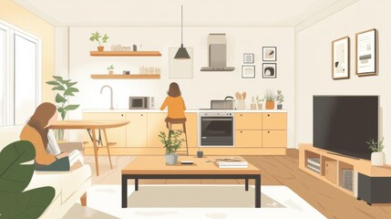 Illustrated Apartment Interior with Two People