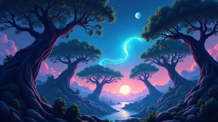 A cosmic jungle planet covered in massive bioluminescent trees, with roots stretching into the sky, forming a glowing canopy in detailed Vector Art.