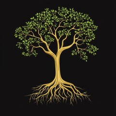 Artistic depiction of a leafy tree with intricate roots against a black background.