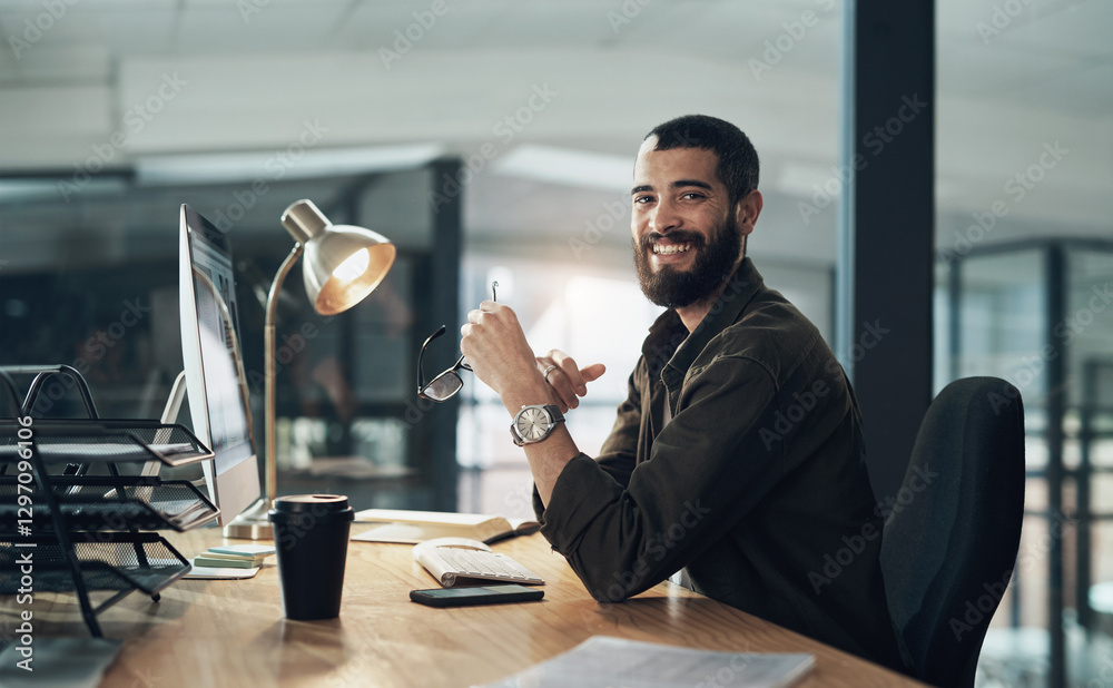 Poster Computer, portrait and smile with man in office for website coding or programming deadline. Business, design and web development with happy programmer employee in creative workplace for overtime