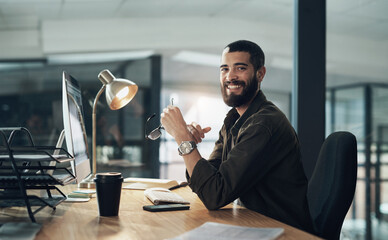Computer, portrait and smile with man in office for website coding or programming deadline....