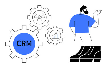 Businessman studies interconnected CRM system gears, a growth chart icon and audience figures. Ideal for customer relationship management, business strategy, data analysis, growth, audience