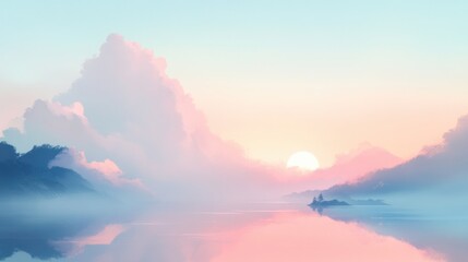 Lake Reflection at Sunrise with Mountains and Clouds