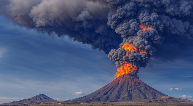 &eacute;norme &eacute;ruption volcanique avec gros panache de fum&eacute;e qui s'&eacute;l&egrave;ve dans le ciel