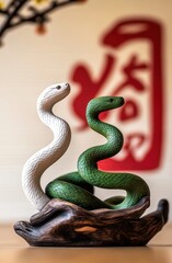 Obraz premium Artistic wooden sculpture of intertwined green and white snakes in Chinese decor setting
