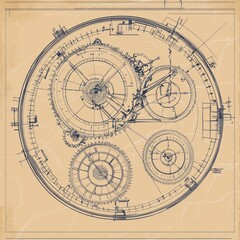 Naklejka premium Intricate mechanical clock design featuring gears and cogs against a textured beige background.
