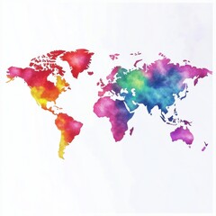 Colorful watercolor world map illustration showcasing vibrant hues and abstract shapes.