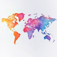 A vibrant watercolor world map showcasing colorful continents in shades of orange, pink, and blue.