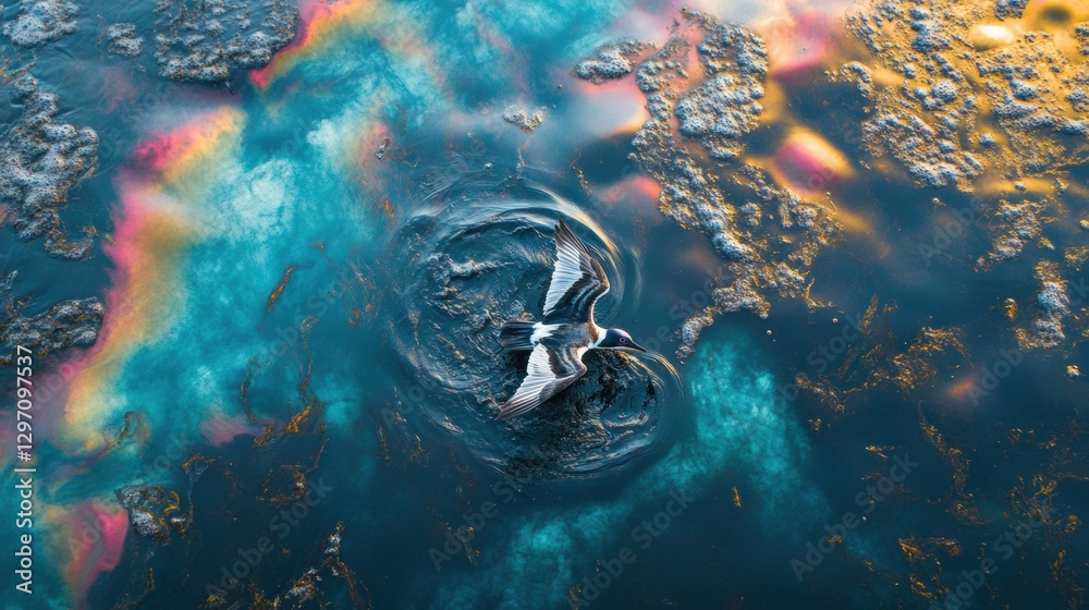 Poster oil spill disrupts ocean life with rainbow sheen and struggling seabird in distress. generative ai
