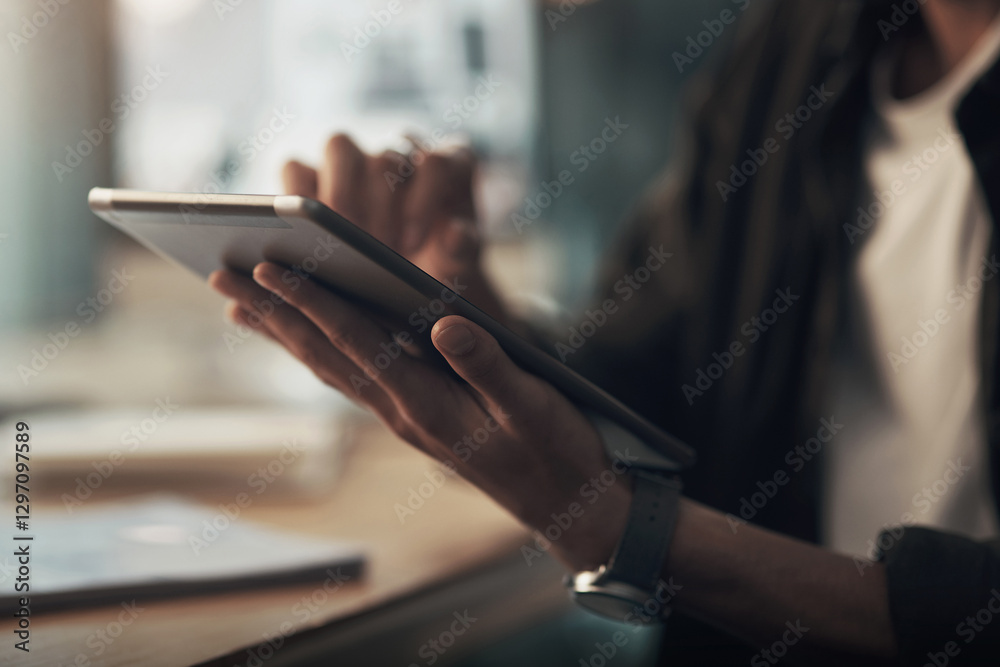 Poster tablet, research and hands with business man in office for planning, typing and client feedback. com
