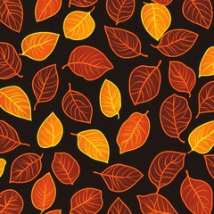 Colorful autumn leaves pattern in vibrant orange and yellow tones on a dark background.