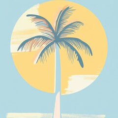 A stylized palm tree silhouette against a vibrant yellow sun and pastel blue background, evoking a tropical vibe.