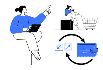 Person using a laptop, another with a smartphone and shopping cart, arrows showing transaction flow, and a digital wallet illustration. Ideal for e-commerce, online shopping, digital payments