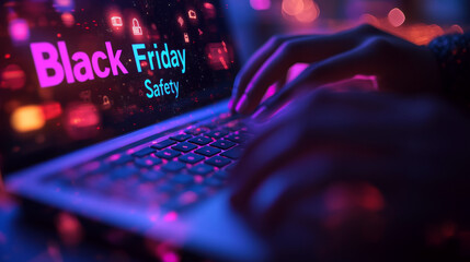 Hands typing on a laptop with the words "Black Friday Safety" on the screen. Concept of online shopping security. For advertising online safety tips