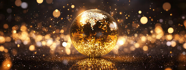 A shiny golden disco ball with sparkling lights and glitter falling around it
