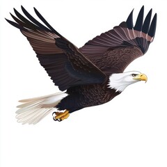 Obraz premium A majestic bald eagle soaring gracefully with outstretched wings against a clean background.