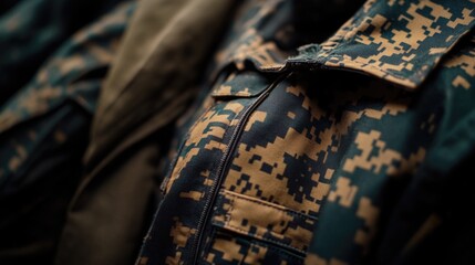 Close-up shot of a camouflage jacket's zipper and texture