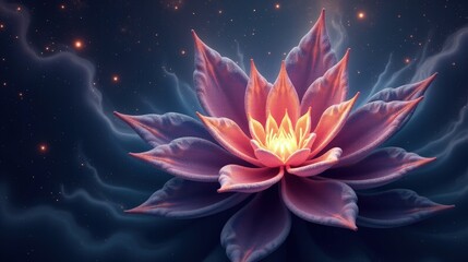 A surreal deep-space anomaly resembling a fractal lotus, swirling petals of glowing nebular dust expanding outward, an abstract masterpiece of the cosmos.