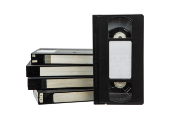 A stack of vintage VHS video tapes with blank labels, isolated on a white background, showcasing retro technology for recording and watching movies at home.