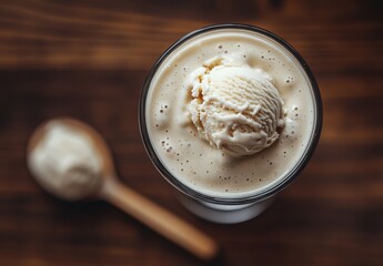 Creamy Vanilla Ice Cream on Top of a Rich Coffee Drink in a Clear Glass on a Wooden Table