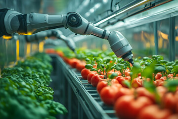 Robotic arms tending to tomato plants in high-tech greenhouse, representing automation, precision agriculture, and the future of farming