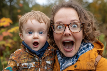 A humorous scene of a mom with her huge son, playful and exaggerated