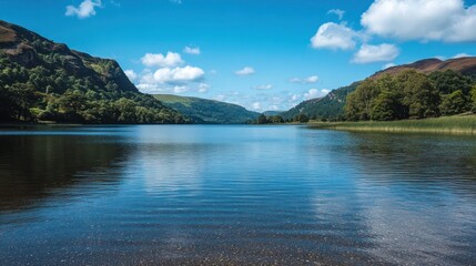 Fototapeta premium Beautiful blue lake reflecting the surrounding mountains and sky