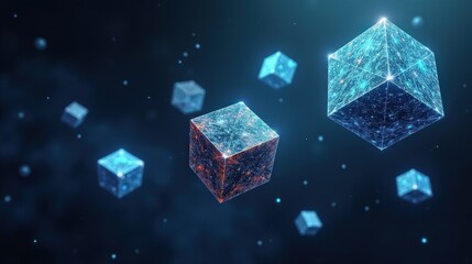 Weightless cubes of shifting energy float in the darkness, Vector Art their surfaces displaying ever-changing fractal patterns, flickering between dimensions.