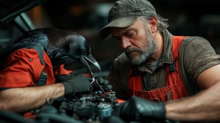 A mechanic deeply focused on car engine repairs, skillfully aided by a raven, showcasing an extraordinary bond between human and nature in an engaging automotive scene.