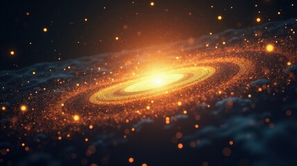 A silent explosion of golden particles frozen in space, each tiny fragment glowing with the energy of a dying star, weightless and infinite.