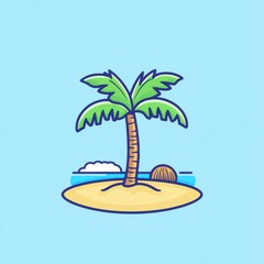Obraz premium A vibrant illustration of a tropical island featuring a palm tree and gentle ocean waves.